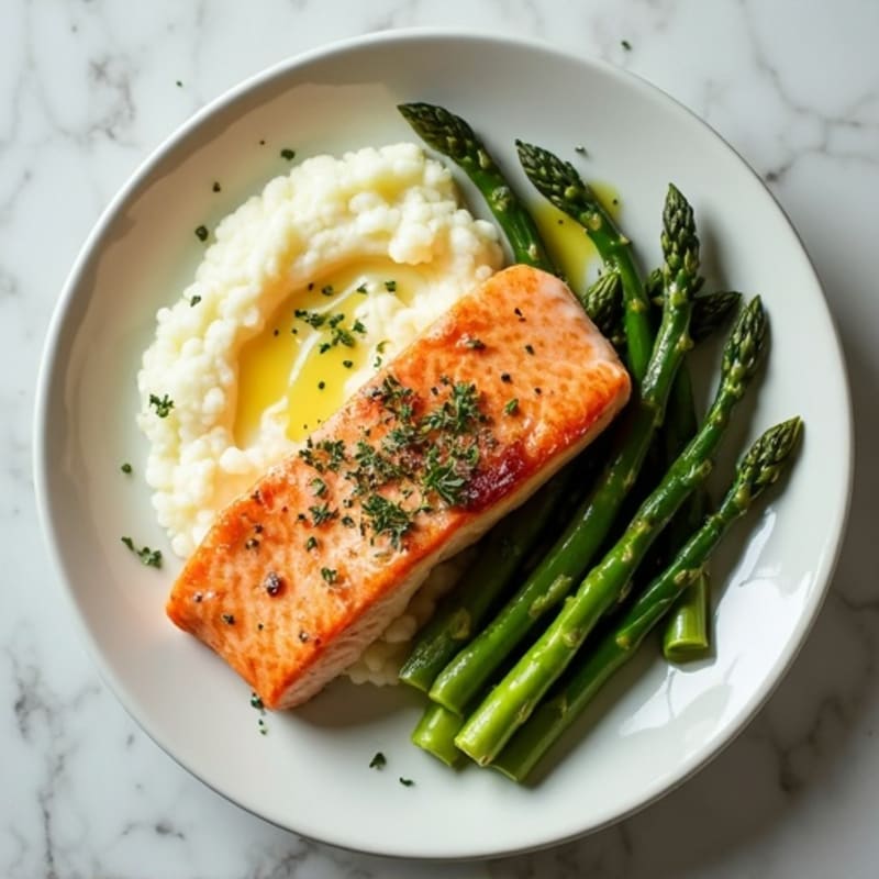Seared Salmon with Steamed Asparagus and Cauliflower Mash