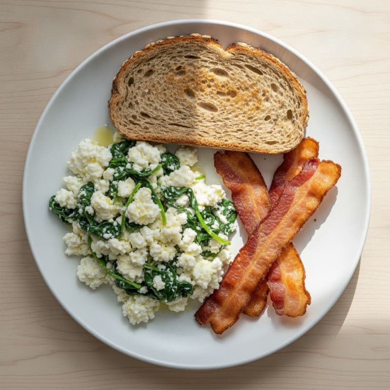 Egg White and Cottage Cheese Scramble with Spinach and Turkey Bacon
