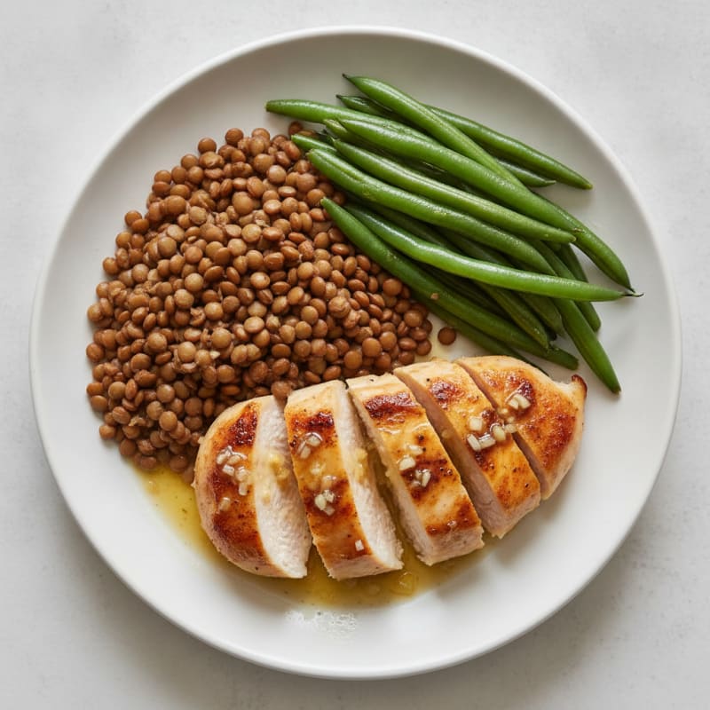 Grilled Lemon-Garlic Chicken Breast with Steamed Green Beans and Lentils