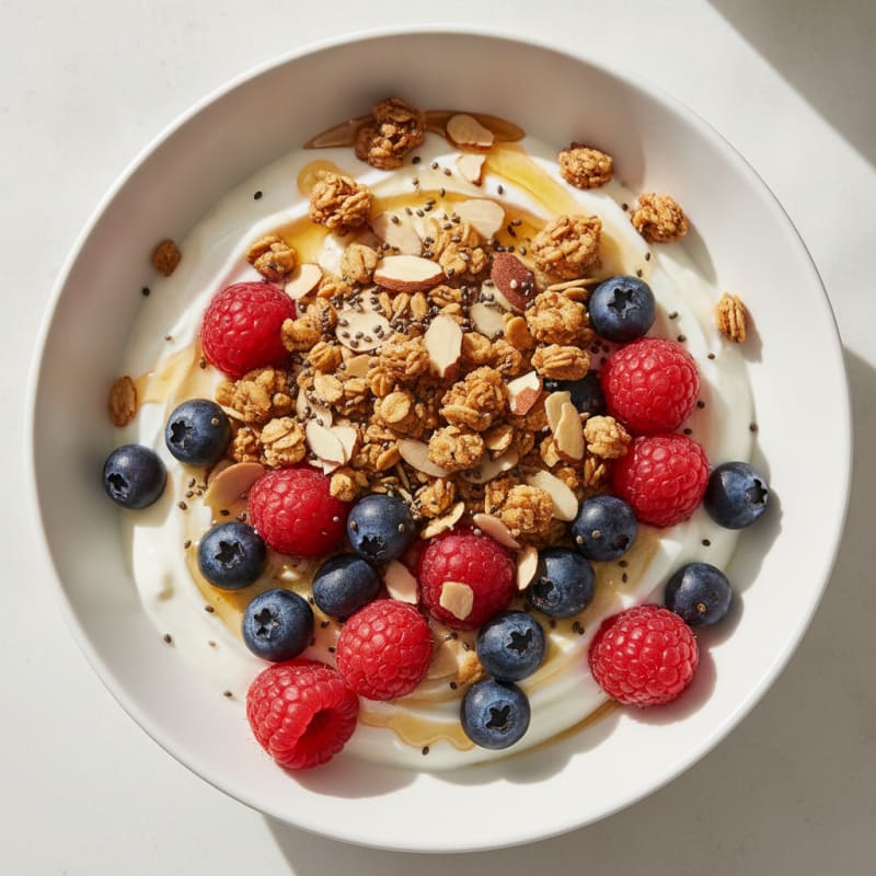 Greek Yogurt Parfait with Mixed Berries and Crunchy Almond Granola