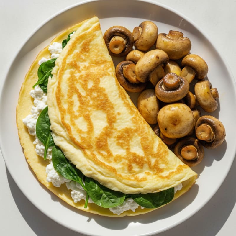 Egg White Spinach Omelette with Cottage Cheese and Sautéed Mushrooms