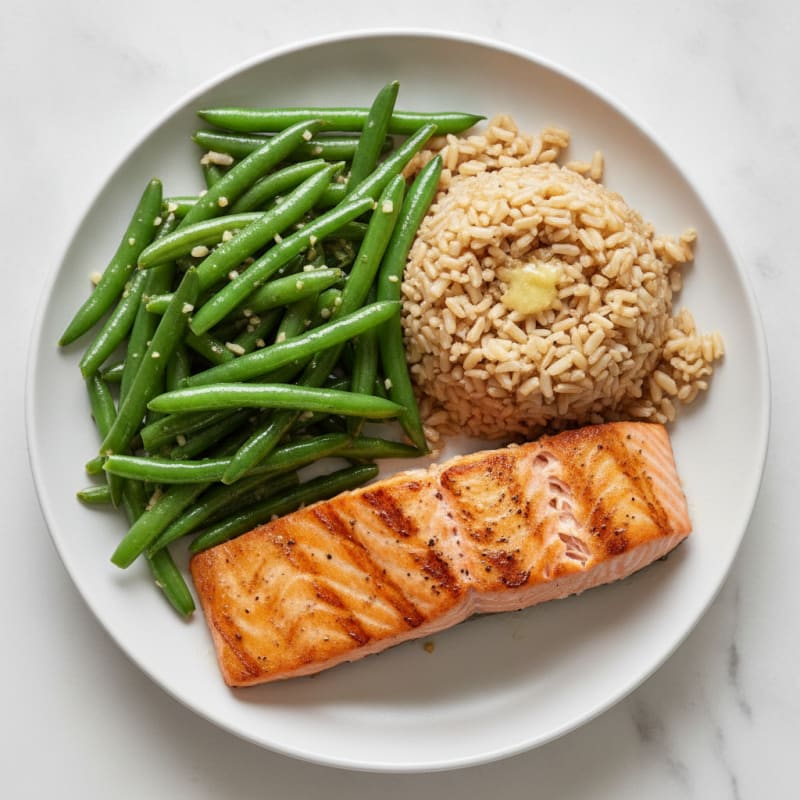 Seared Salmon Filet with Garlic Green Beans and Brown Rice