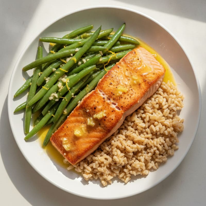 Seared Salmon with Lemon-Garlic Green Beans and Brown Rice
