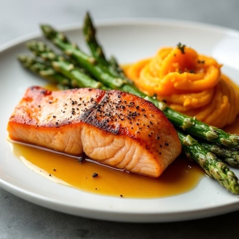 Seared Salmon Fillet with Roasted Asparagus and Sweet Potato Mash