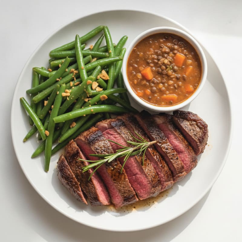 Seared Beef Steak with Garlic Green Beans and Lentil Soup