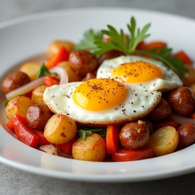 Crispy Roasted Potato and Sausage Hash with Eggs