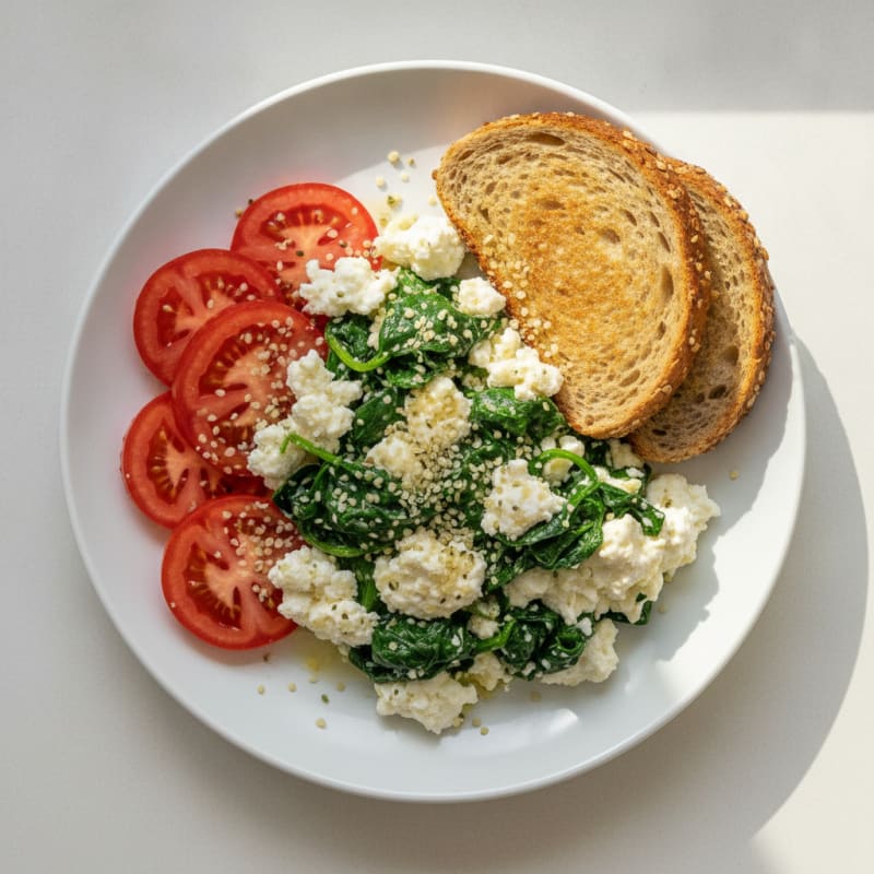 Egg White Spinach Scramble with Cottage Cheese and Sliced Tomatoes