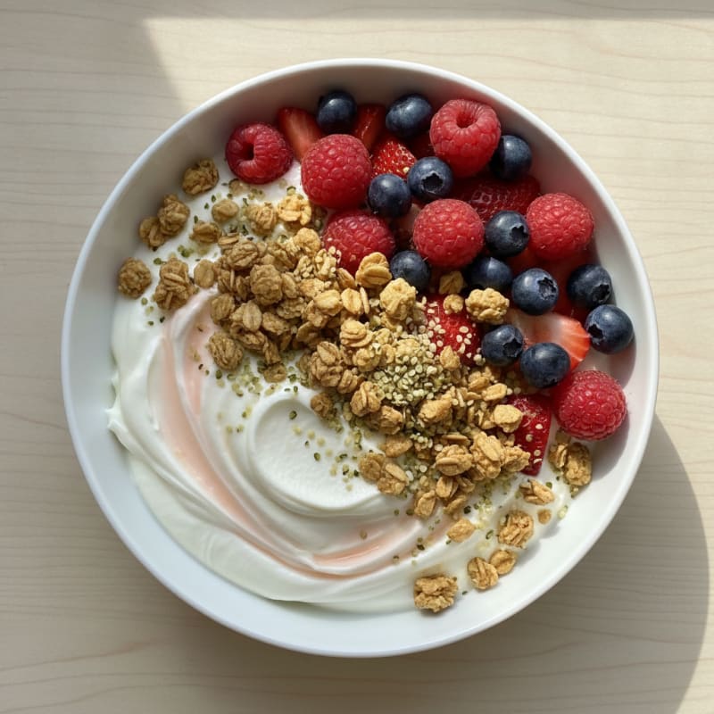 Creamy Greek Yogurt Bowl with Mixed Berries, Hemp Seeds and Vanilla Protein Granola