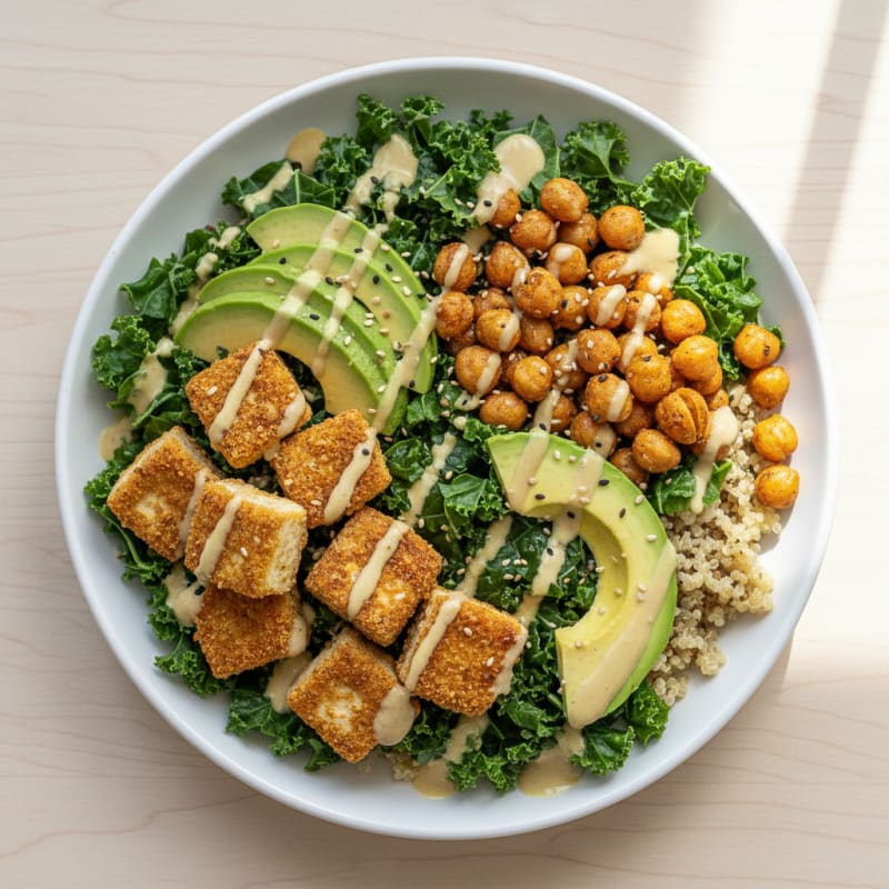 Crispy Tofu Power Bowl with Quinoa and Roasted Chickpeas