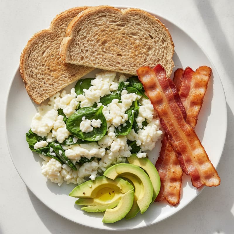 Crispy Turkey Bacon and Egg White Scramble with Spinach