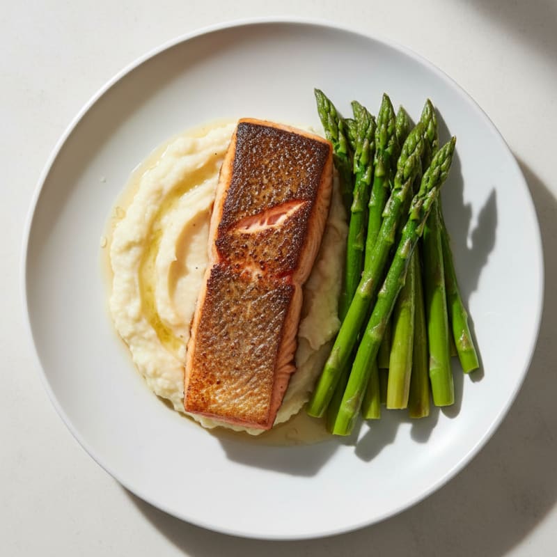 Seared Salmon with Steamed Asparagus and Garlic Cauliflower Mash