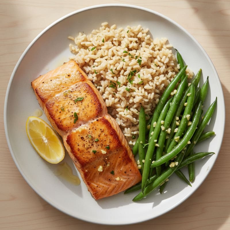 Seared Salmon with Garlic Green Beans and Brown Rice