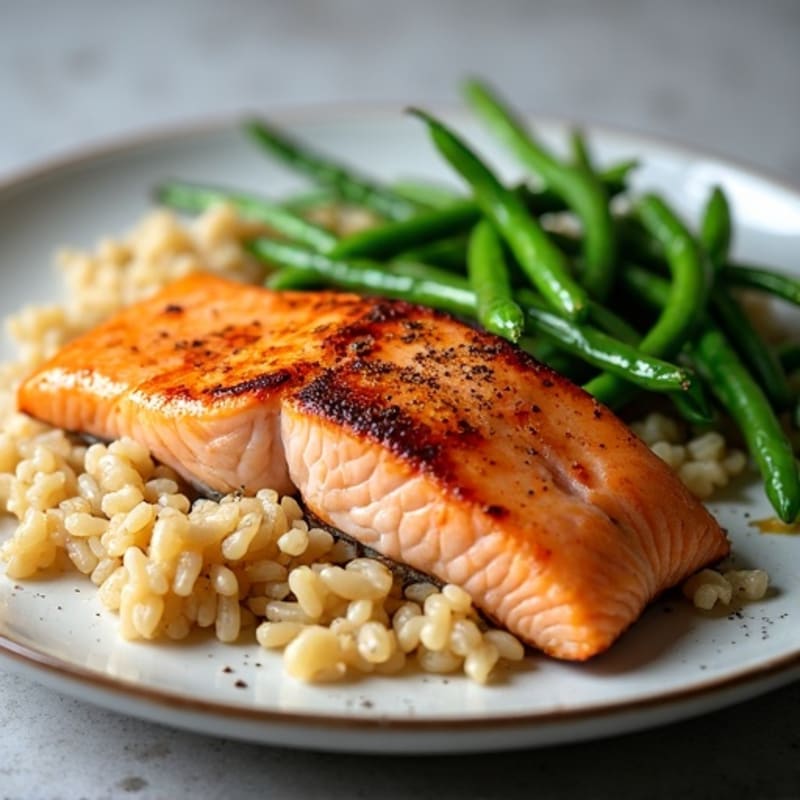 Seared Salmon Fillet with Garlic Green Beans and Brown Rice