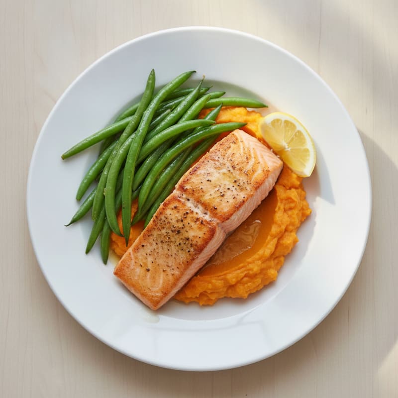 Seared Salmon with Steamed Green Beans and Sweet Potato Mash