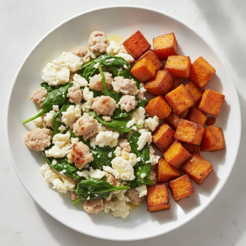 Egg White and Turkey Sausage Scramble with Roasted Sweet Potato