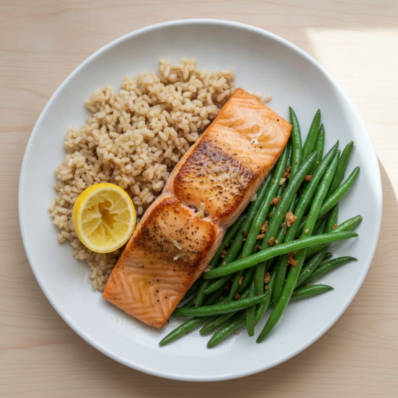 Seared Salmon with Garlic Green Beans and Brown Rice