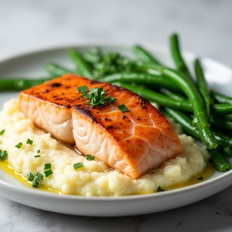Seared Salmon with Steamed Green Beans and Mashed Cauliflower