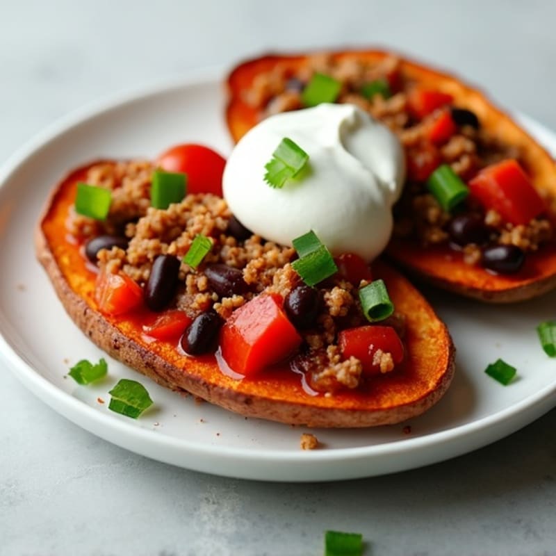 Crispy Sweet Potato Skins with Turkey Chili