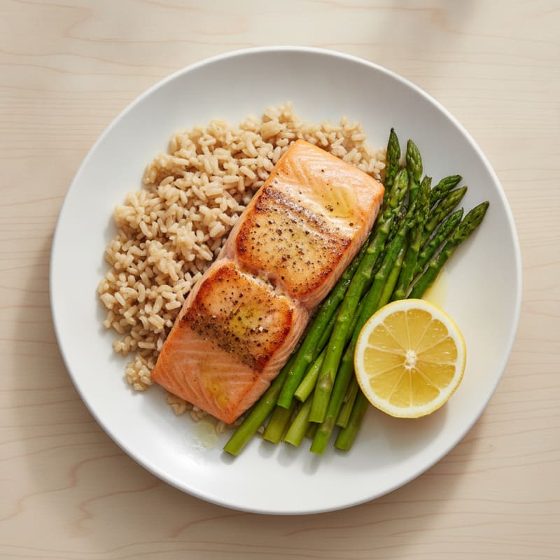 Seared Salmon with Steamed Asparagus and Brown Rice