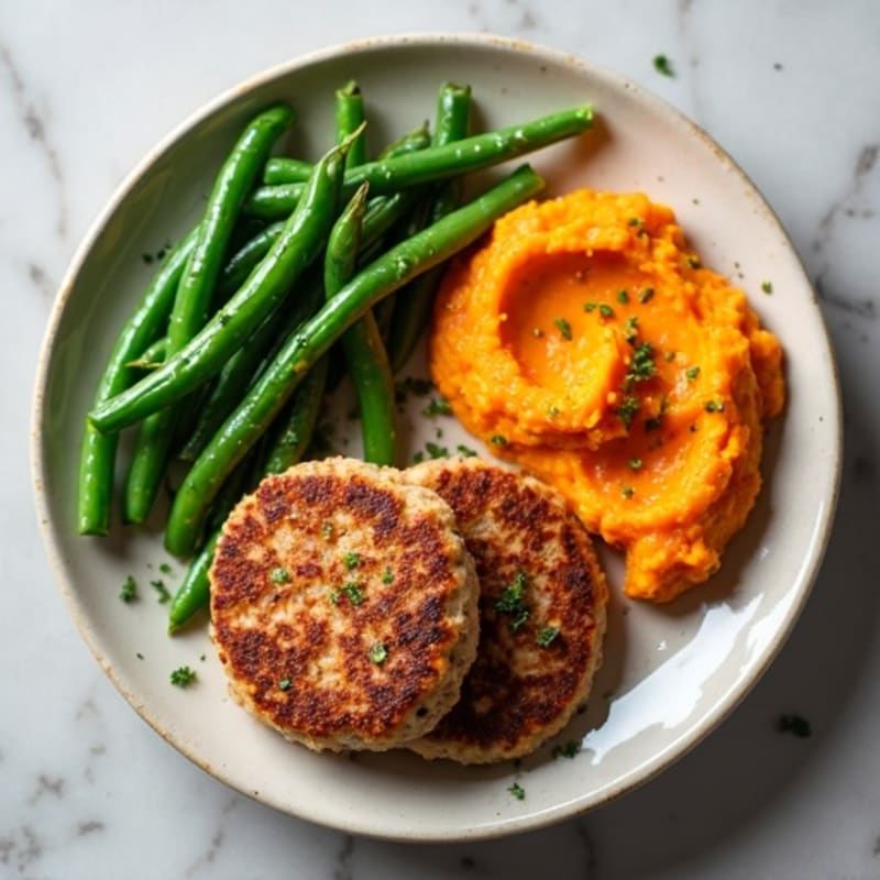 Seared Turkey Patties with Steamed Green Beans and Sweet Potato Mash
