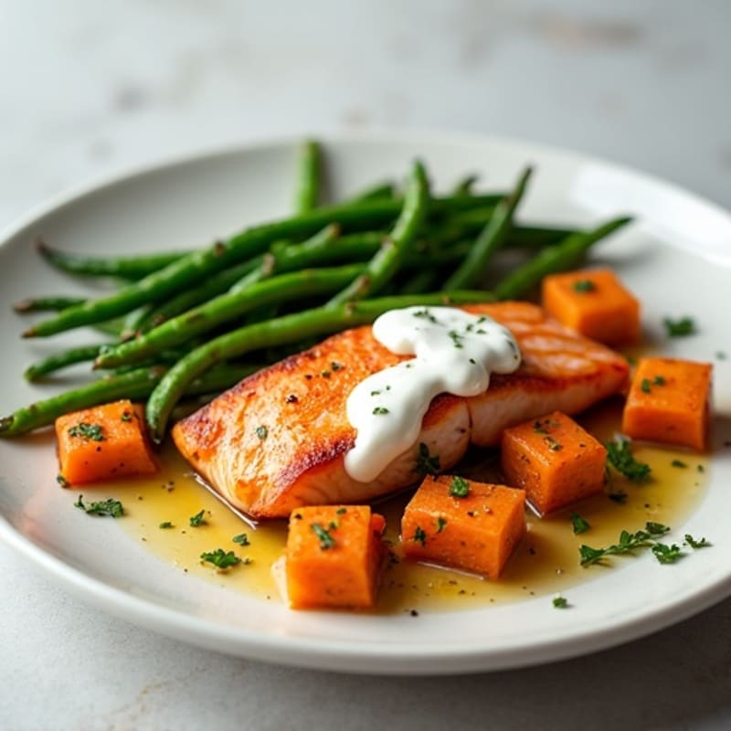 Seared Salmon Filet with Roasted Sweet Potatoes and Garlic Green Beans