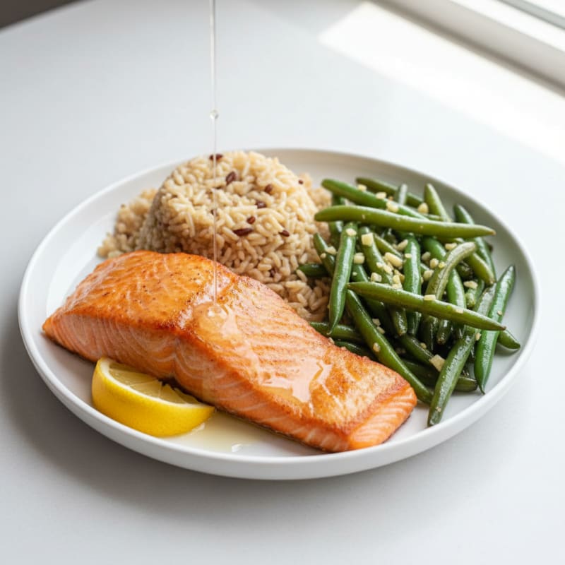 Seared Salmon with Garlic Green Beans and Brown Rice