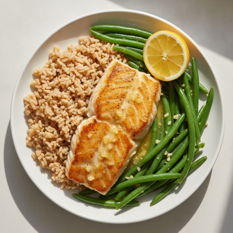 Seared Cod with Lemon-Garlic Green Beans and Brown Rice