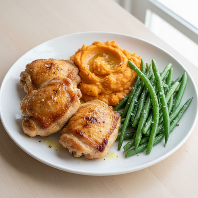 Seared Chicken Thighs with Steamed Green Beans and Sweet Potato Mash