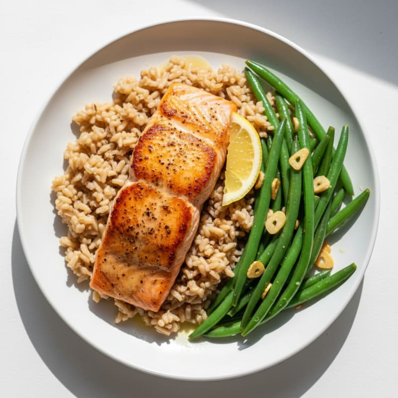 Seared Salmon Fillet with Garlic Green Beans and Brown Rice
