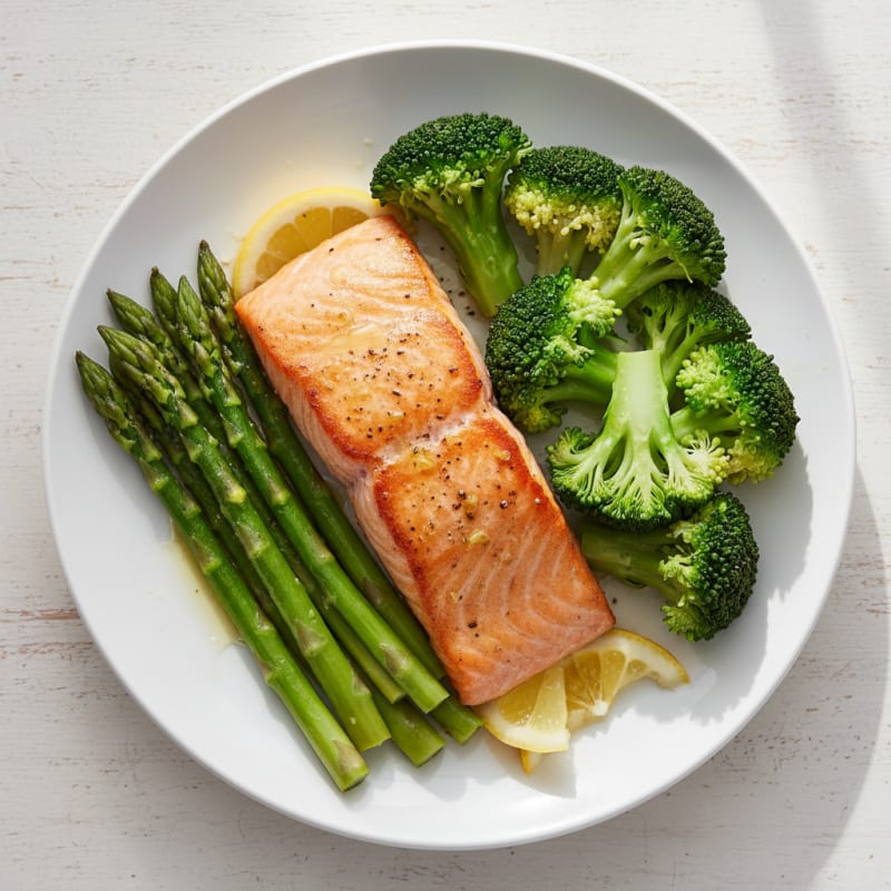 Pan-Seared Salmon with Asparagus and Steamed Broccoli