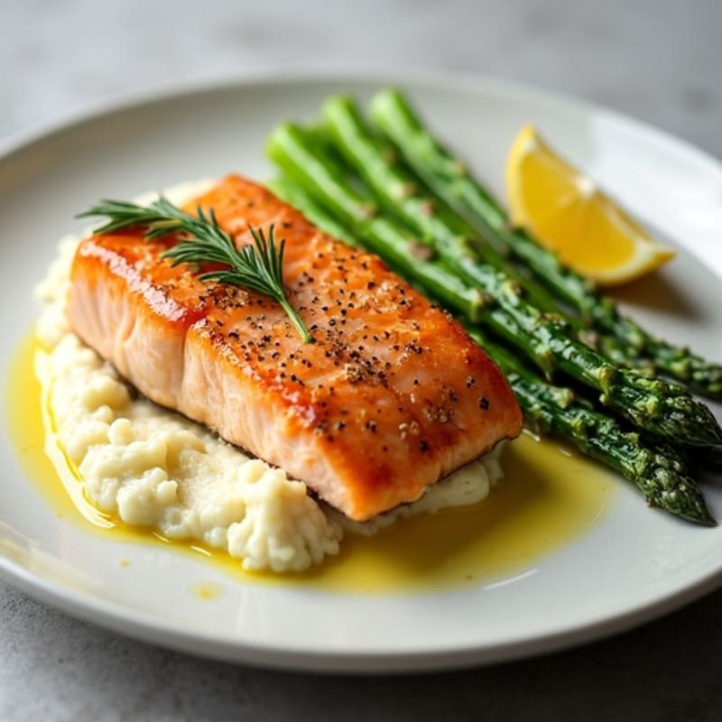 Seared Salmon Fillet with Steamed Asparagus and Cauliflower Mash
