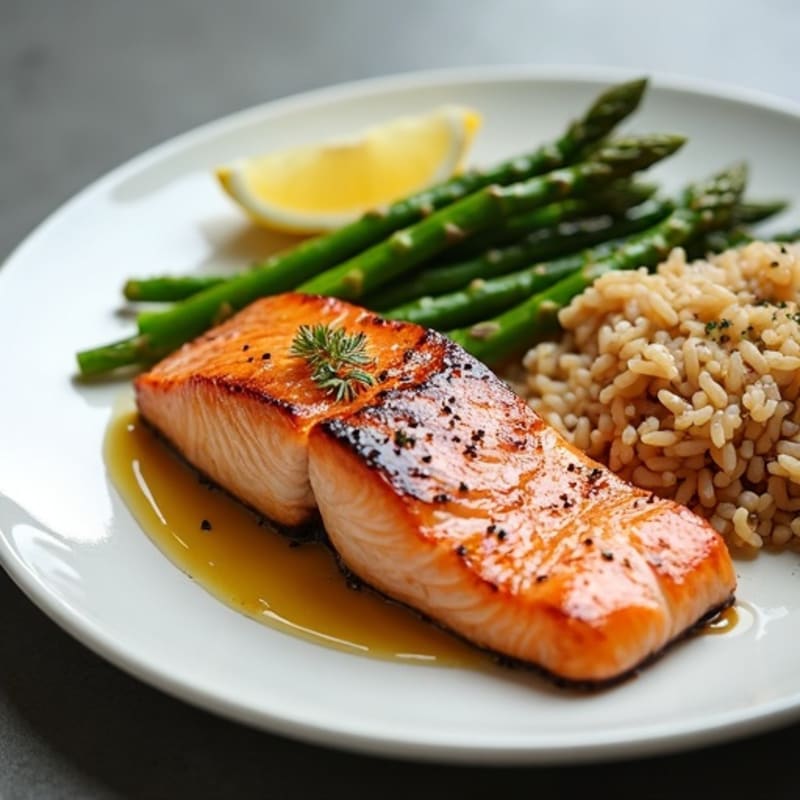 Seared Salmon with Steamed Asparagus and Brown Rice