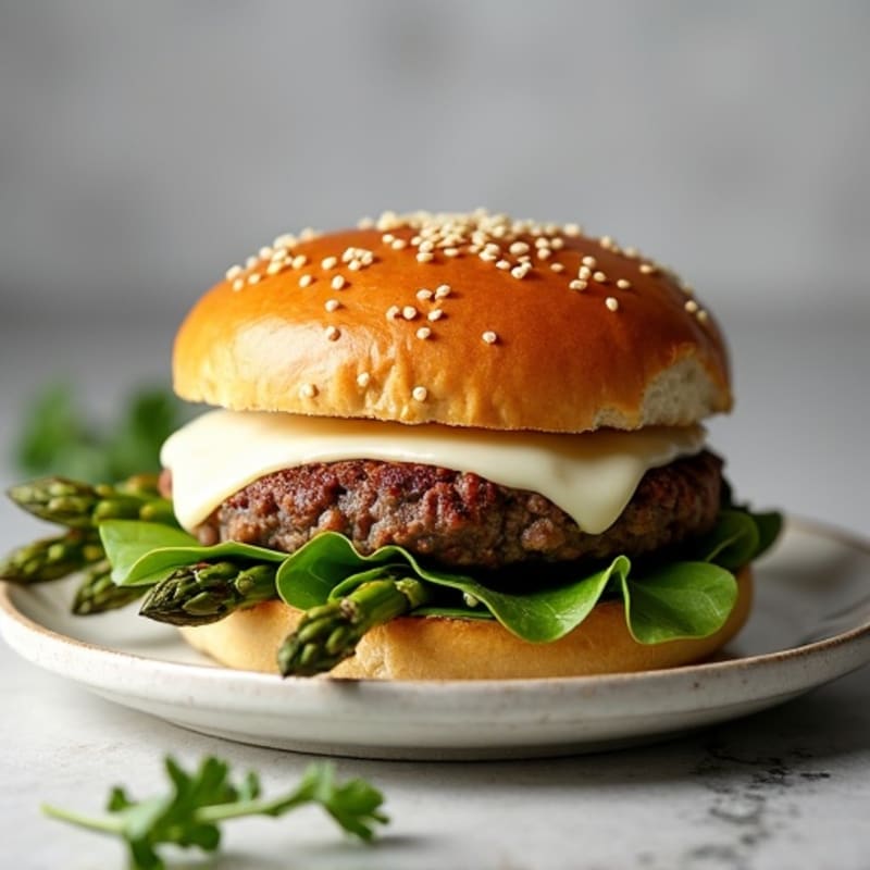 Lean Ground Beef Burger with Melty Mozzarella and Crispy Roasted Asparagus
