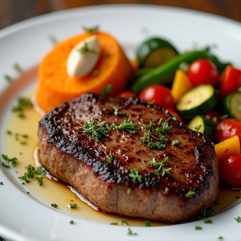 Garlic-Herb Seared Steak with Roasted Sweet Potato and Garden Vegetables