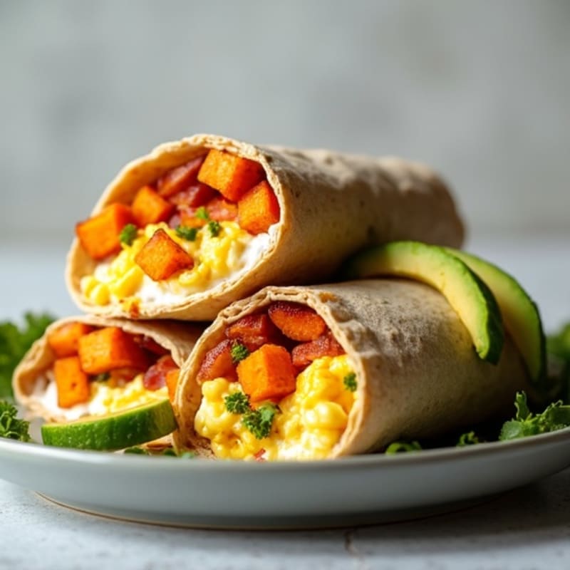 Crispy Turkey Bacon and Egg White Breakfast Burrito with Roasted Sweet Potato