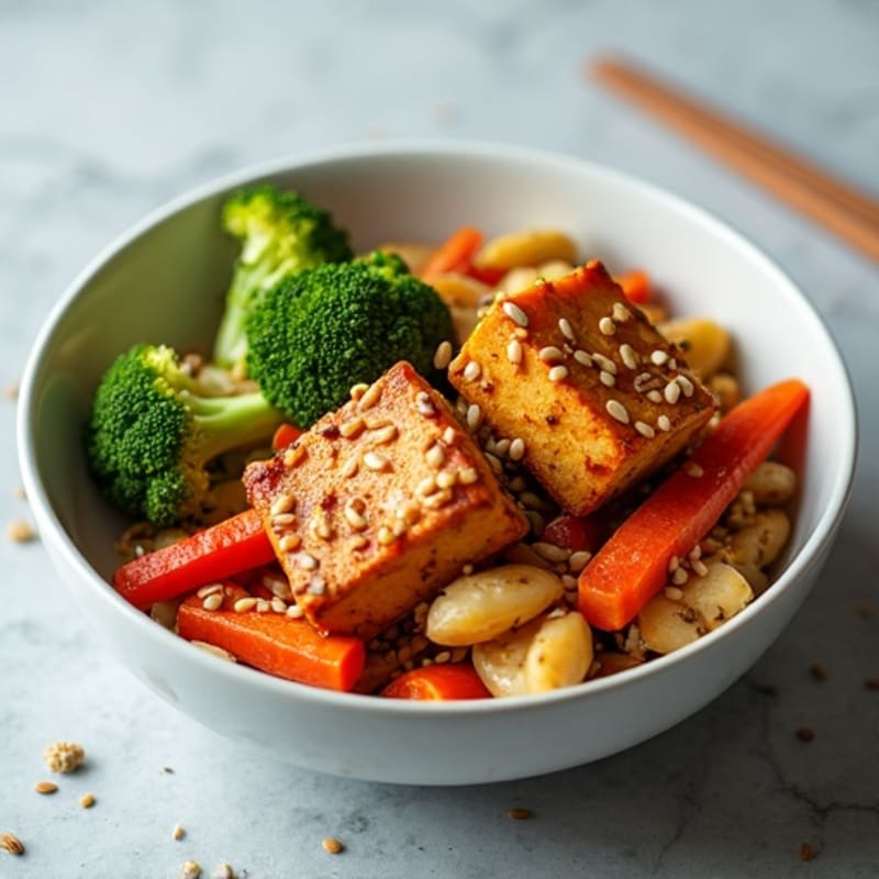 Crispy Sesame Ginger Tofu with Stir-Fried Vegetables