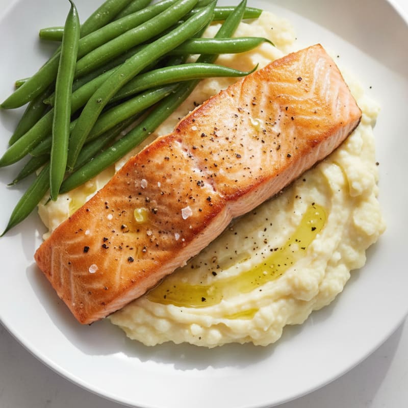 Seared Salmon with Steamed Green Beans and Garlic Mashed Cauliflower