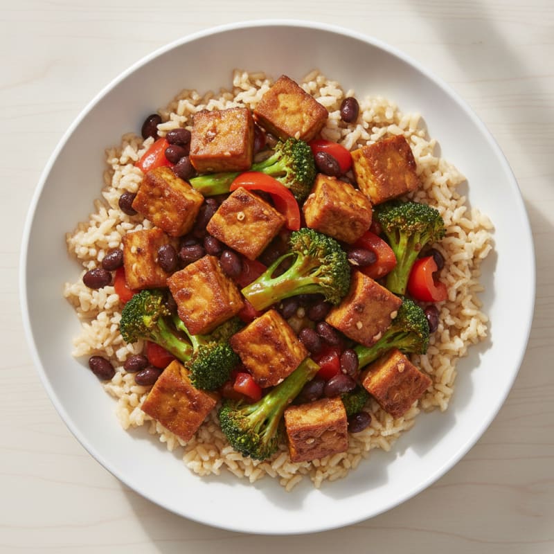 Crispy Tempeh and Black Bean Stir-Fry with Brown Rice