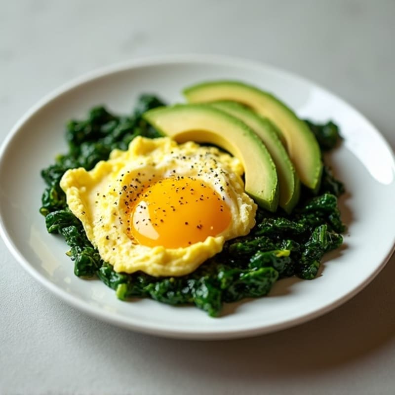 Fluffy Scrambled Eggs with Sautéed Spinach and Avocado