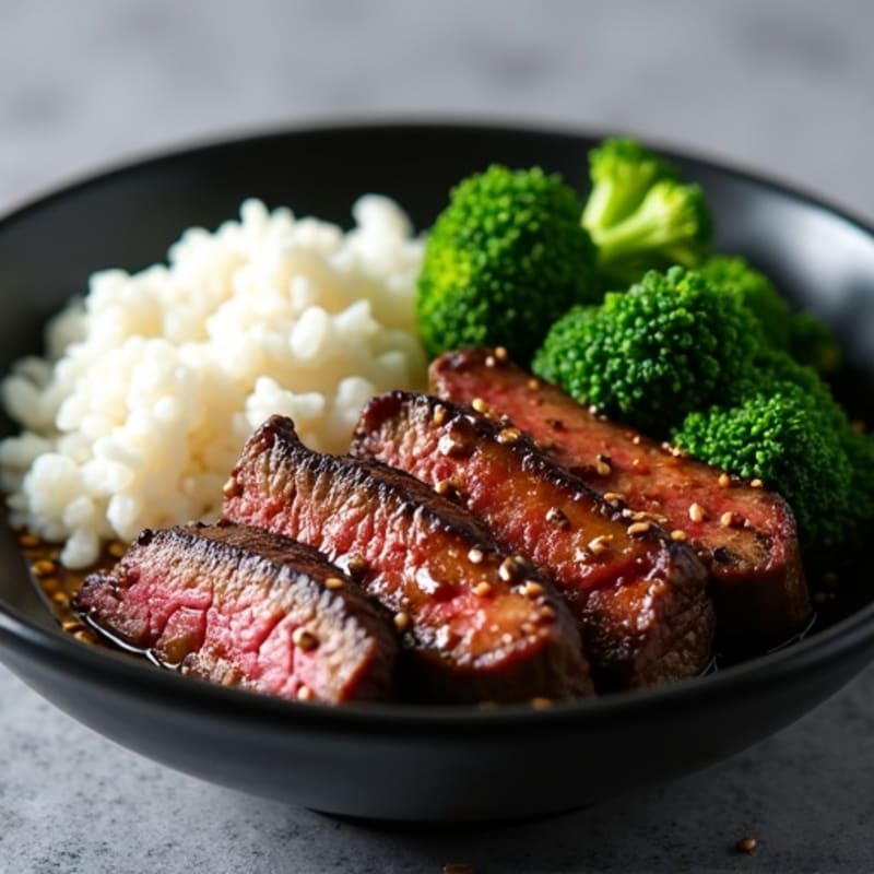 Seared Beef Strips with Sesame Broccoli and Rice