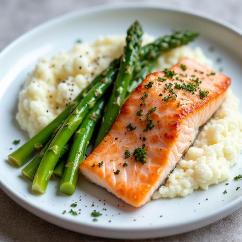 Seared Salmon with Steamed Asparagus and Garlic Cauliflower Mash