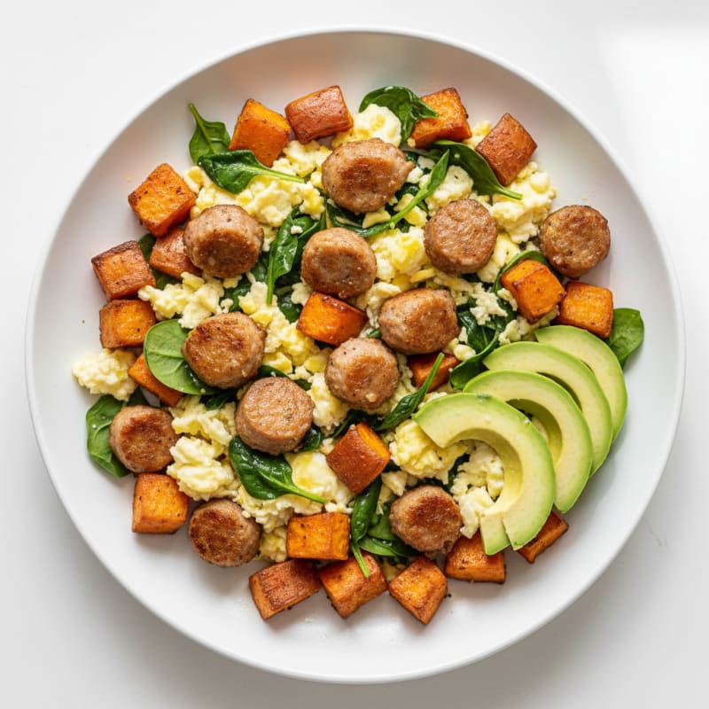 Crispy Turkey Sausage and Egg White Scramble with Roasted Sweet Potatoes