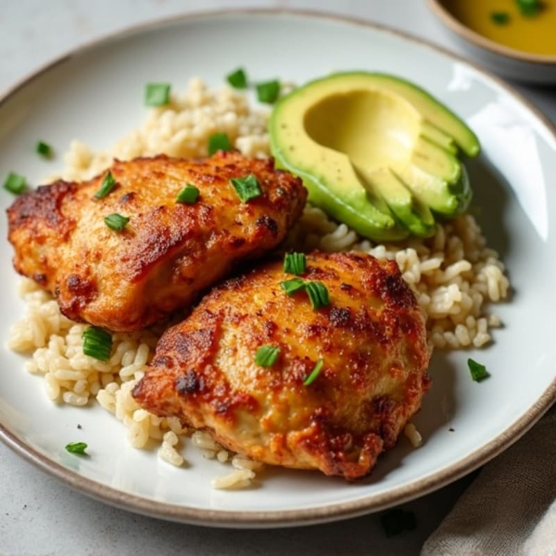 Crispy Pan-Seared Chicken Thighs with Creamy Avocado and Fluffy Brown Rice
