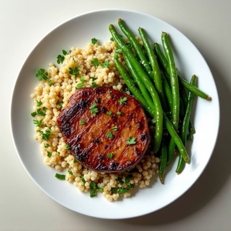 Seared Beef Steak with Garlic Green Beans and Herb Quinoa