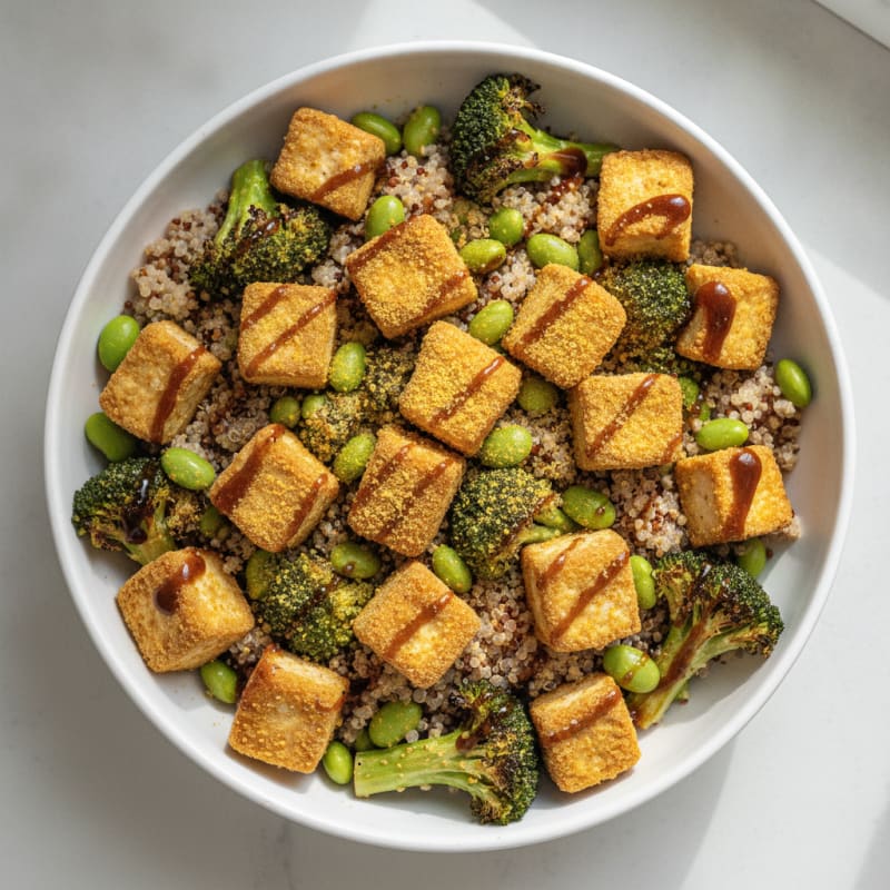 Crispy Tofu and Quinoa Power Bowl with Roasted Broccoli