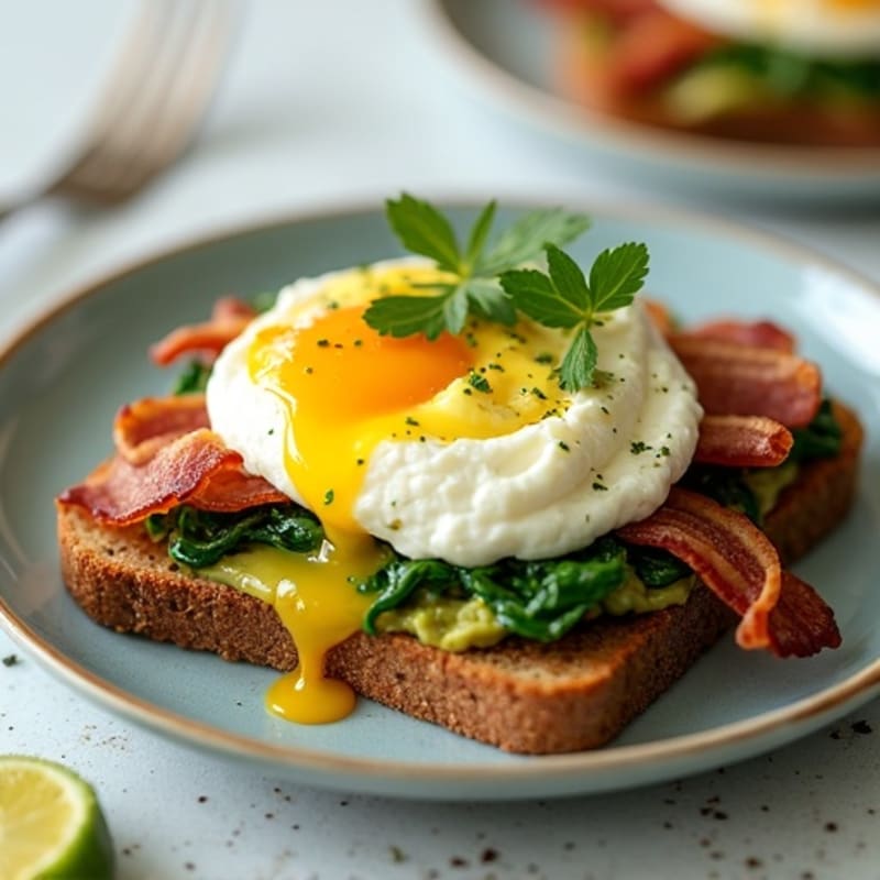 Poached Eggs with Crispy Turkey Bacon, Sautéed Spinach, and Creamy Avocado Sauce on Whole Grain Toast