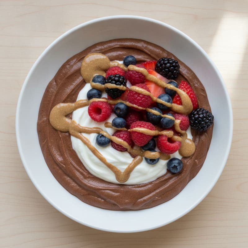 Silky Chocolate Protein Pudding with Greek Yogurt and Mixed Berries