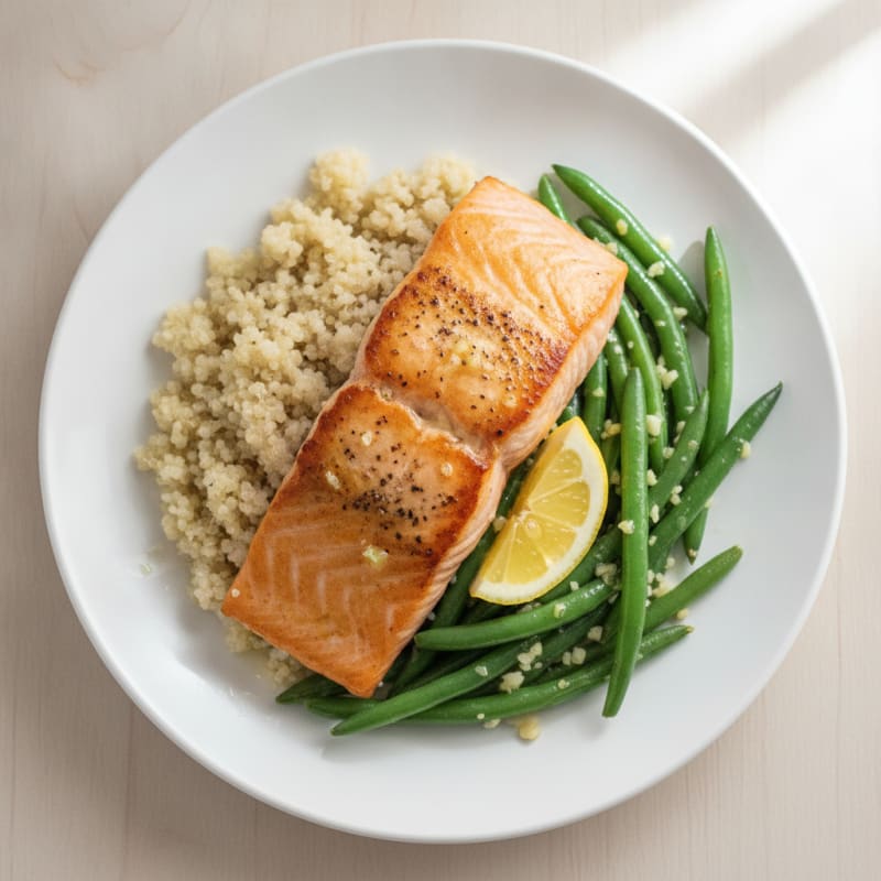 Seared Salmon with Quinoa and Garlic Green Beans