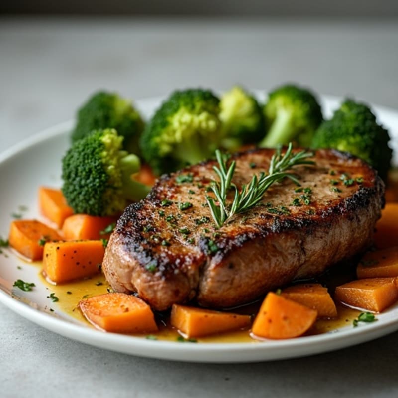 Herb-Crusted Pan-Seared Steak with Roasted Broccoli and Garlic Sweet Potatoes