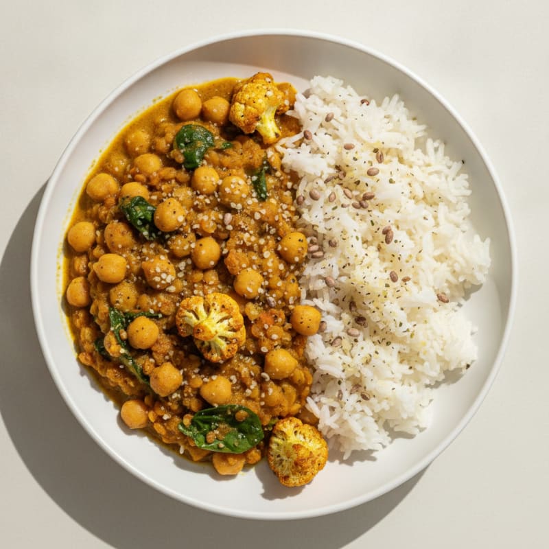 High-Protein Red Lentil and Chickpea Curry with Basmati Rice